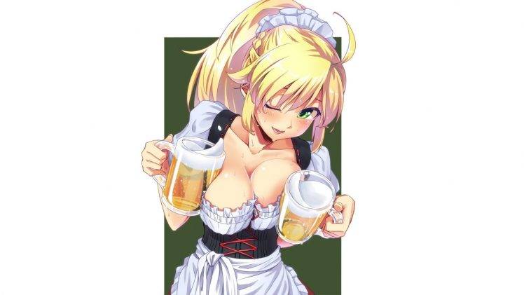 blonde, Anime Girls, Beer, Long Hair, Waitress, Ecchi HD Wallpaper Desktop Background