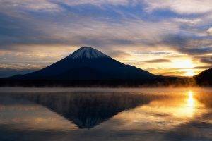 landscape, Sunrise, Sunlight, Mountain, Japan, Mount Fuji, Reflection, Water