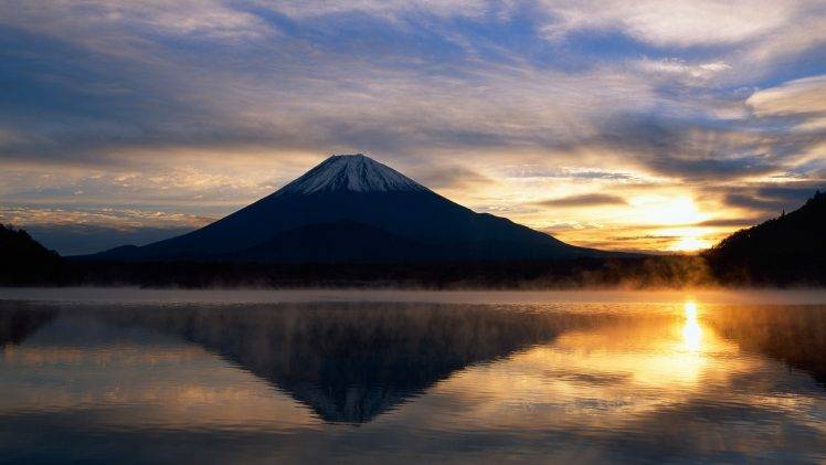 landscape, Sunrise, Sunlight, Mountain, Japan, Mount Fuji, Reflection, Water HD Wallpaper Desktop Background