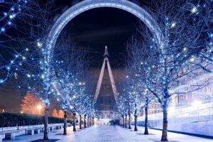 London Eye, Christmas Lights, Trees, London, Path