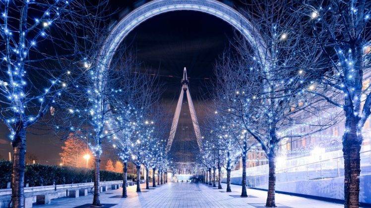 London Eye, Christmas Lights, Trees, London, Path HD Wallpaper Desktop Background