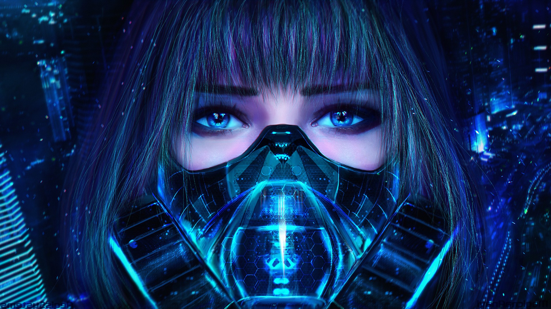 anime Girls, Realistic, Render, Blue Eyes, Blue Hair, Megpoid Gumi, Gas Masks, MagicnaAnavi, Bangs, Black Lagoon Wallpaper