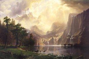 landscape, Lake, Mountain, Waterfall, Animals, Snow, Trees, Fantasy Art, Albert Bierstadt