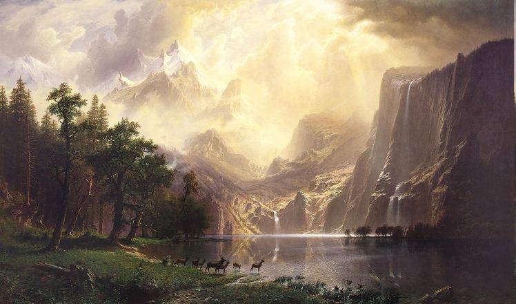 landscape, Lake, Mountain, Waterfall, Animals, Snow, Trees, Fantasy Art, Albert Bierstadt HD Wallpaper Desktop Background