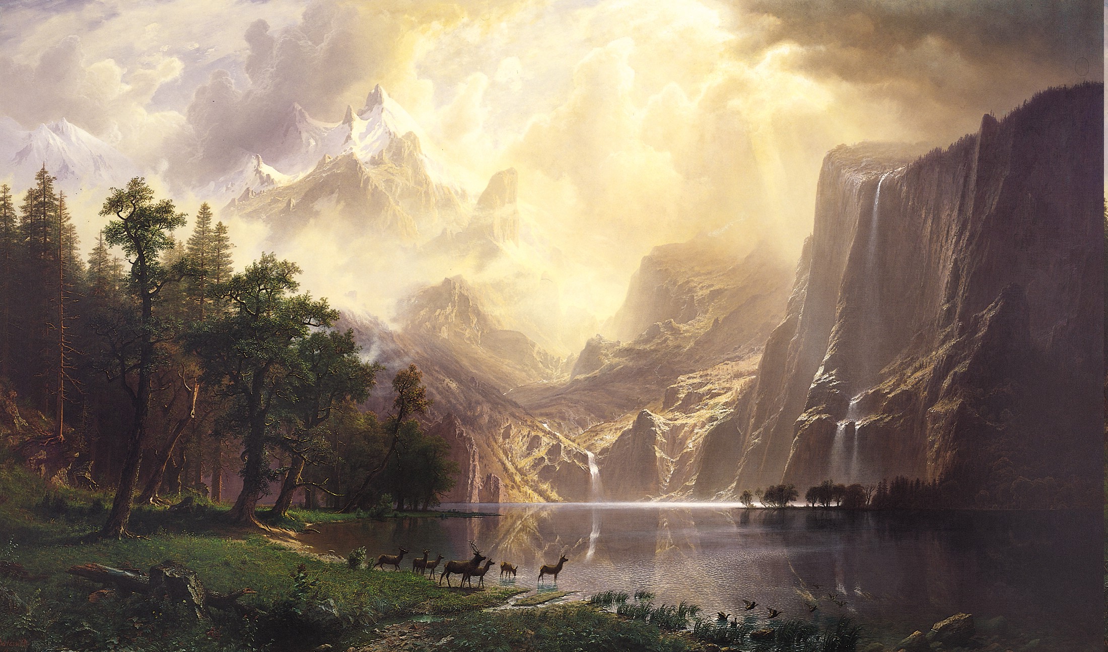 landscape, Lake, Mountain, Waterfall, Animals, Snow, Trees, Fantasy Art, Albert Bierstadt Wallpaper