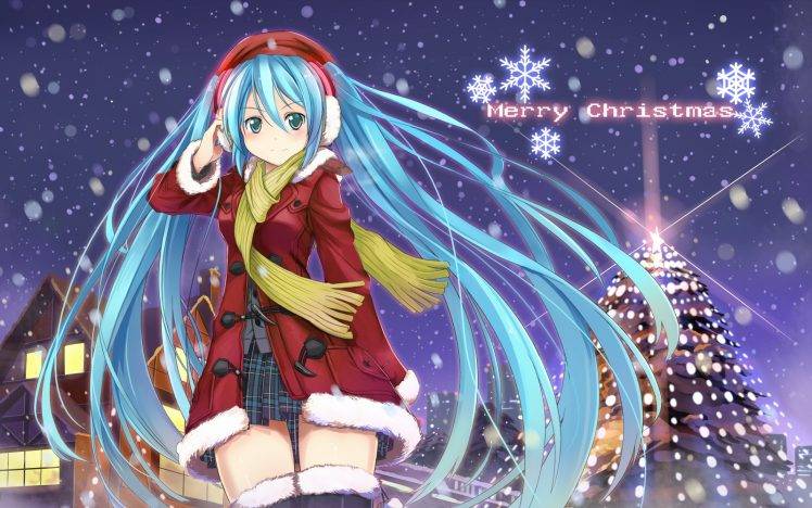 anime, Anime Girls, Vocaloid, Hatsune Miku, Blue Hair, Blue Eyes, Christmas HD Wallpaper Desktop Background