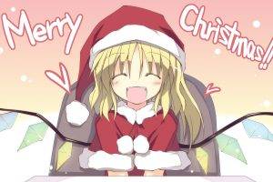 anime, Anime Girls, Santa Costume, Touhou, Blonde, Flandre Scarlet, Closed Eyes, Wings, Christmas