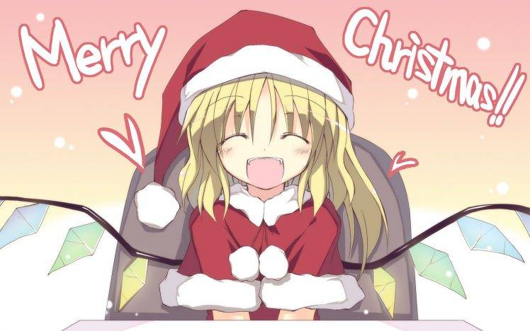 anime, Anime Girls, Santa Costume, Touhou, Blonde, Flandre Scarlet, Closed Eyes, Wings, Christmas HD Wallpaper Desktop Background