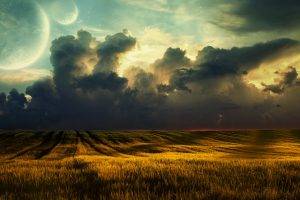 fantasy Art, Moon, Clouds, Sunlight, Landscape