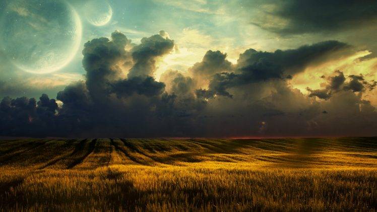 fantasy Art, Moon, Clouds, Sunlight, Landscape HD Wallpaper Desktop Background