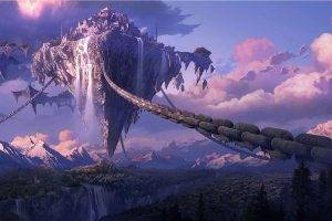 chains, Landscape, Tera Online, Digital Art, Anime, Waterfall, Fantasy Art, Forest, Mountain, Floating Island