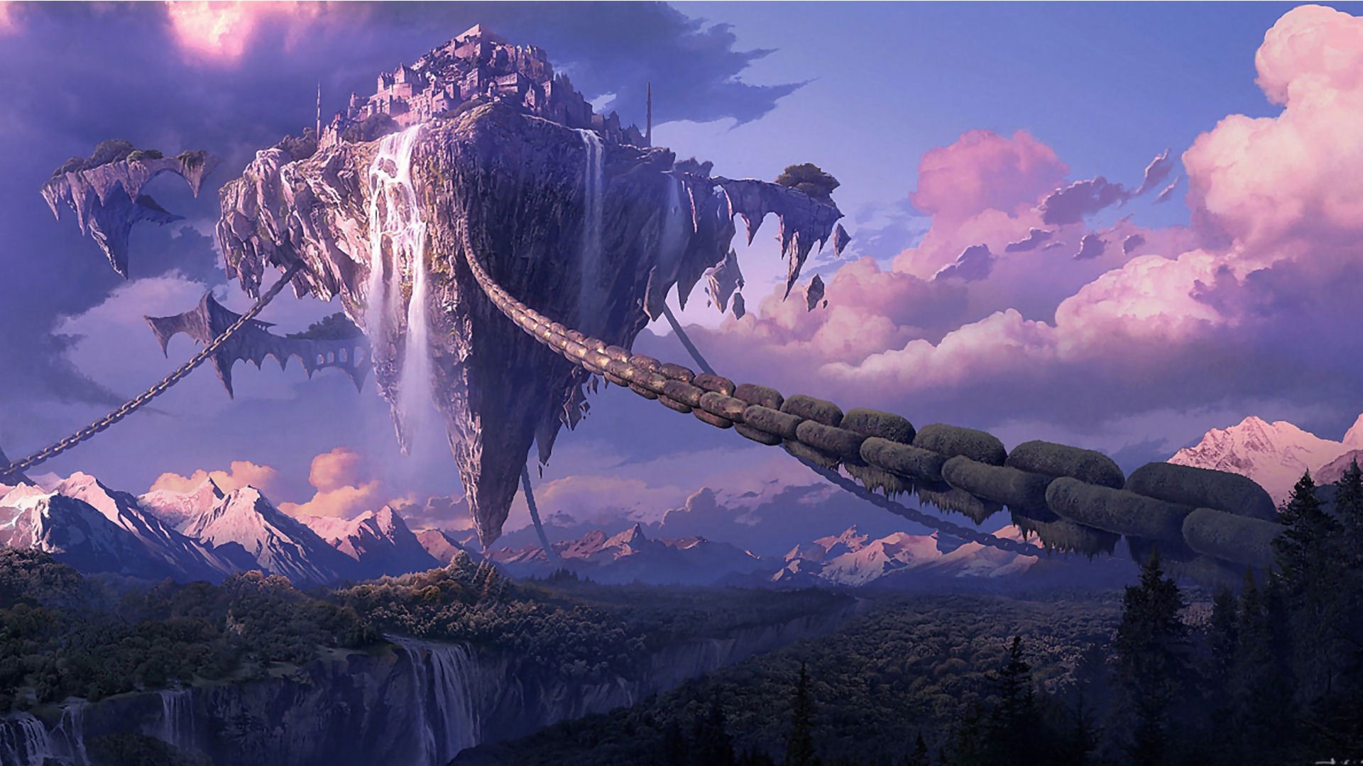 chains, Landscape, Tera Online, Digital Art, Anime, Waterfall, Fantasy Art, Forest, Mountain, Floating Island Wallpaper