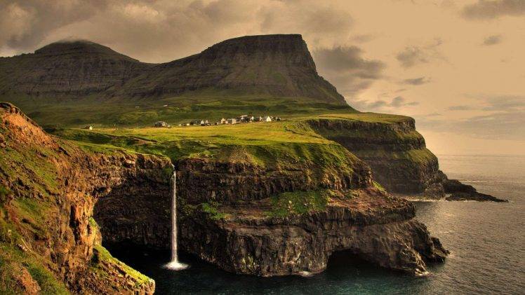 anime, Gasadalur, Faroe Islands, Landscape, Waterfall HD Wallpaper Desktop Background