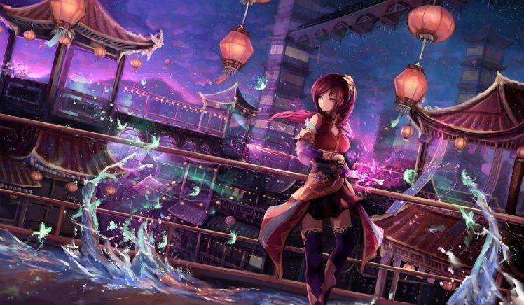 anime, Anime Girls, Original Characters, Lantern, Thigh highs, Redhead, Building, Purple Eyes HD Wallpaper Desktop Background