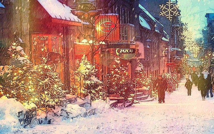 cityscape, Christmas, Lights, Snow, Trees, Atmosphere, Québec City, Canada HD Wallpaper Desktop Background
