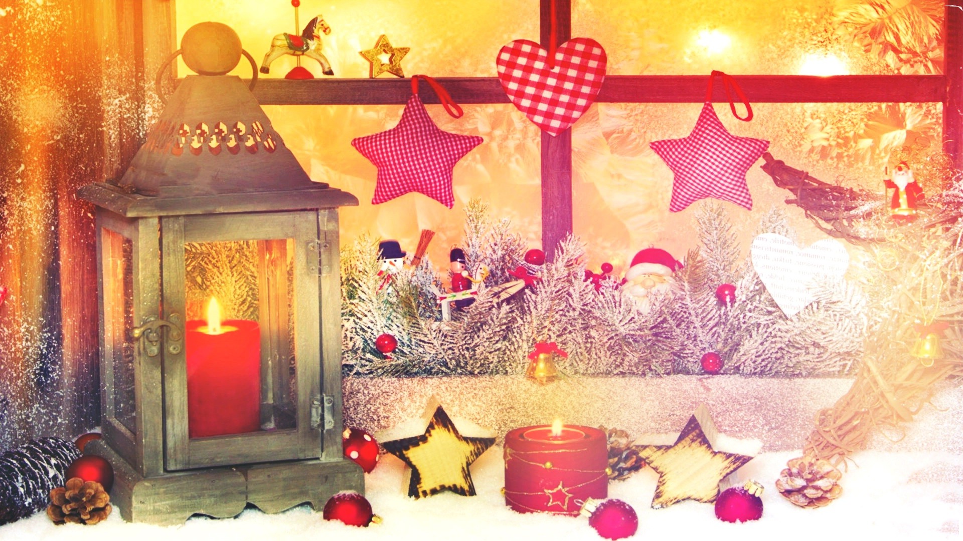 Christmas, New Year, Lights, Lantern, Candles, Window, Stars Wallpaper