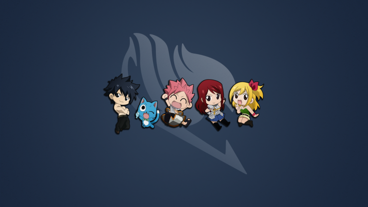 minimalism, Anime, Chibi, Fairy Tail, Heartfilia Lucy, Scarlet Erza, Dragneel Natsu, Fullbuster Gray, Happy (Fairy Tail) HD Wallpaper Desktop Background