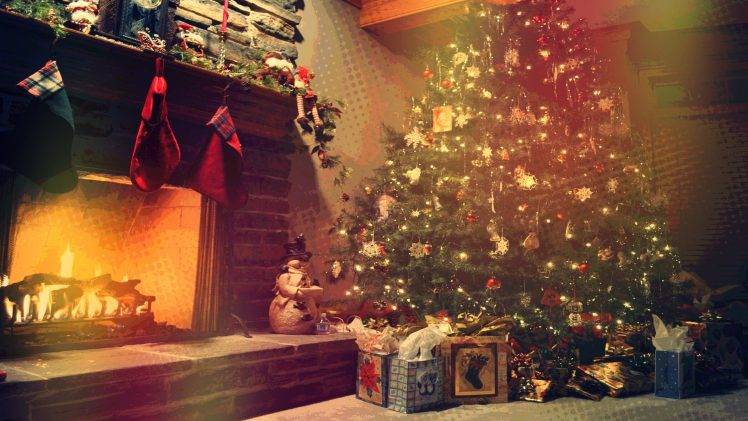 Christmas, Trees, Fireplace, Lights, Toys HD Wallpaper Desktop Background