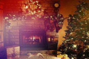 Christmas, Fireplace, Cat, Lights, Interiors, Clocks