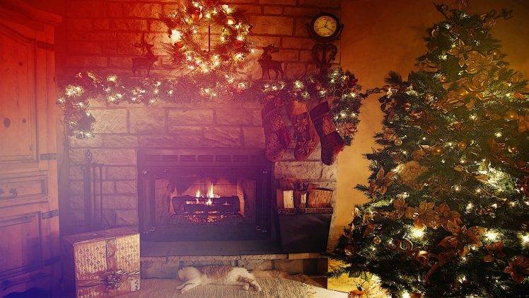 Christmas, Fireplace, Cat, Lights, Interiors, Clocks HD Wallpaper Desktop Background