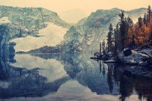landscape, Lake, Trees, Rock