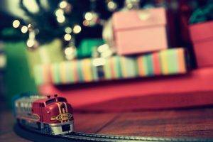 train, New Year, Presents, Christmas Tree, Depth Of Field, Toys