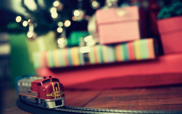 train, New Year, Presents, Christmas Tree, Depth Of Field, Toys HD Wallpaper Desktop Background