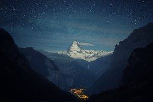 mountain, Sky, Stars, Lights, Valley, Snow, Landscape, Switzerland, Matterhorn, Clouds, Nature, Night