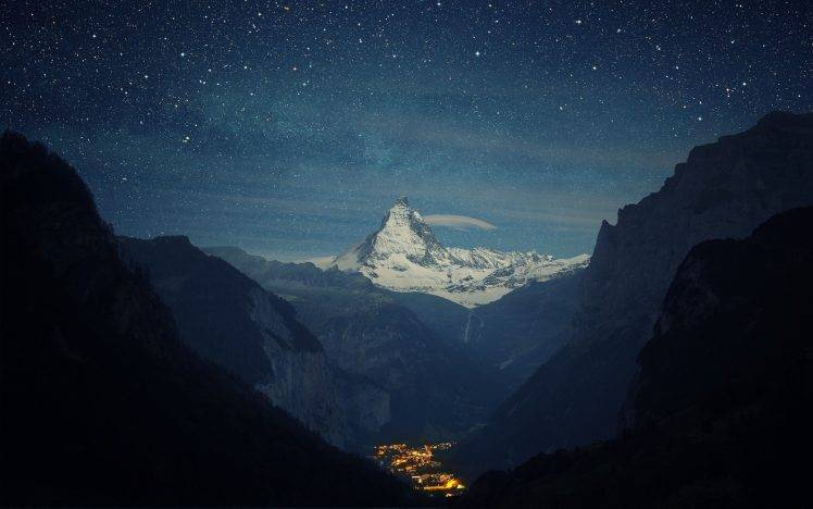 mountain, Sky, Stars, Lights, Valley, Snow, Landscape, Switzerland, Matterhorn, Clouds, Nature, Night HD Wallpaper Desktop Background
