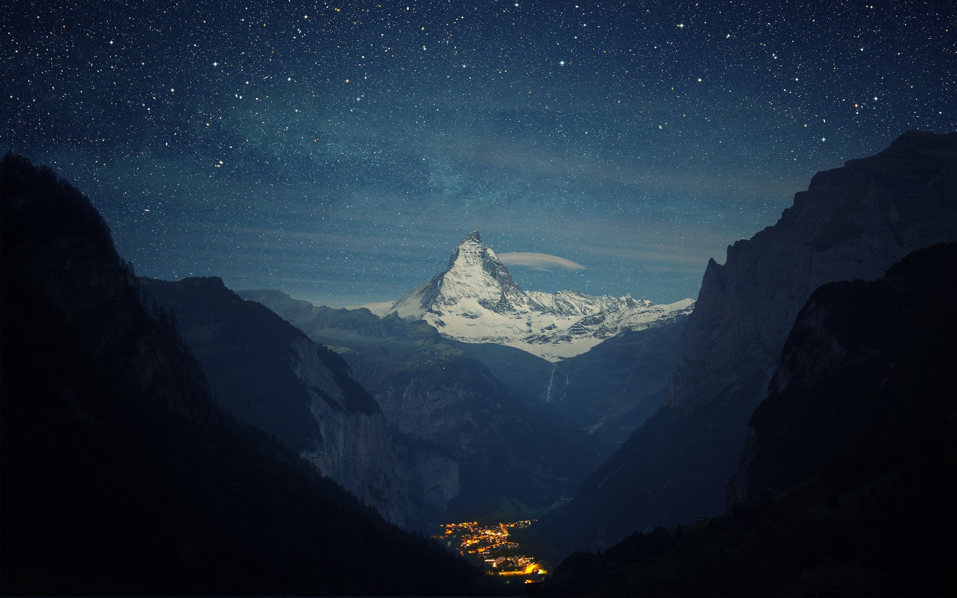 mountain, Sky, Stars, Lights, Valley, Snow, Landscape, Switzerland, Matterhorn, Clouds, Nature, Night Wallpaper