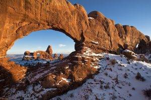 landscape, Rock Formation, Arch, Snow, Utah