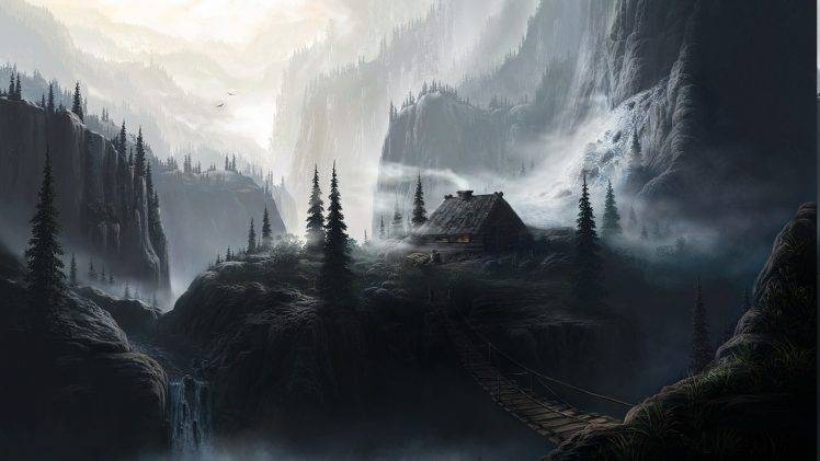 landscape, Nature, Artwork, House, Mountain, Mist HD Wallpaper Desktop Background