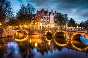 landscape, Bridge, Canal, Lights, Reflection, Amsterdam, Street Light