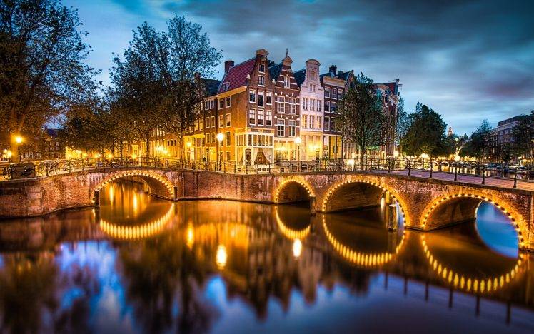 landscape, Bridge, Canal, Lights, Reflection, Amsterdam, Street Light HD Wallpaper Desktop Background