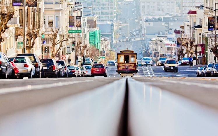landscape, Closeup, Worm’s Eye View, Street, Tram, Road, City, Car, San Francisco HD Wallpaper Desktop Background