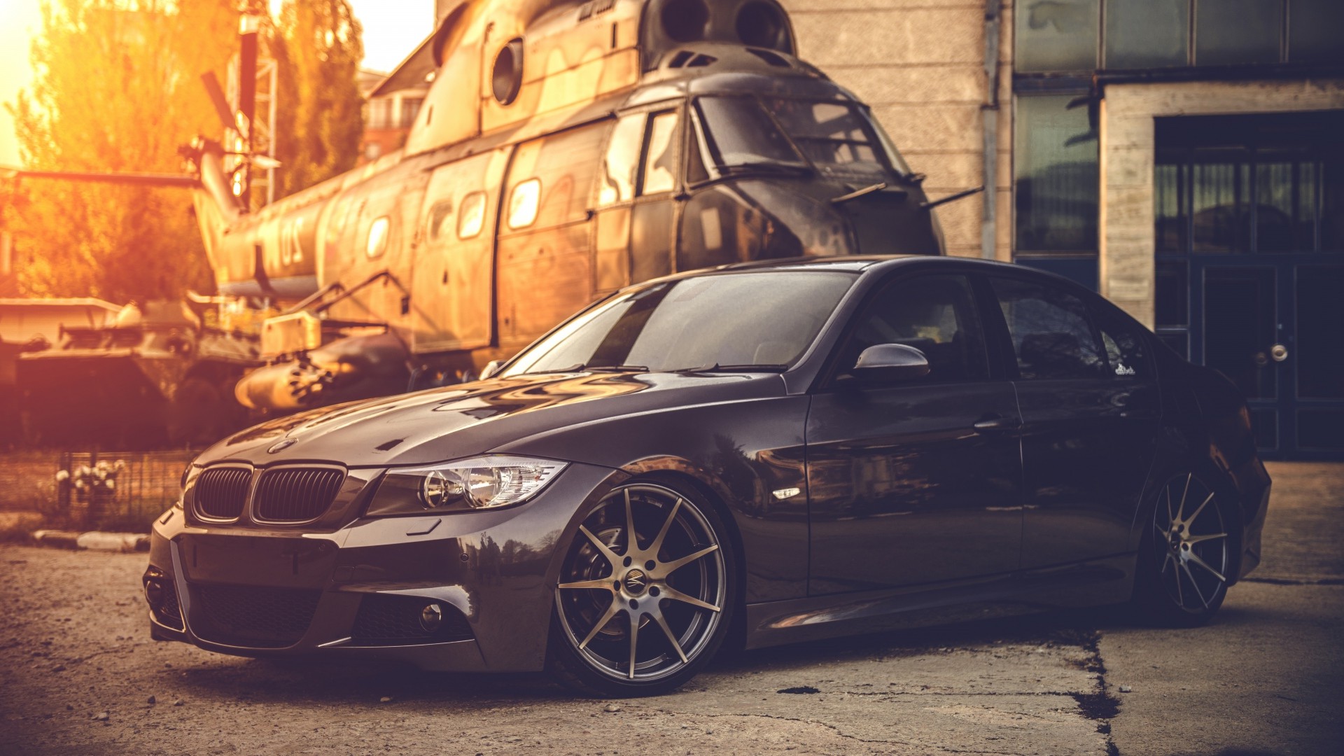 BMW E90, Car, Helicopters, Black, Military, BMW Wallpaper