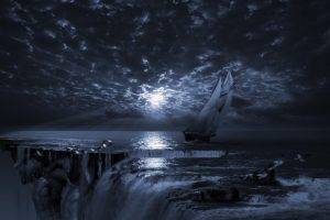 abstract, Sailing Ships, Moon Rays, Water