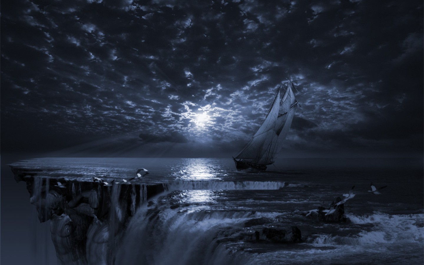 abstract, Sailing Ships, Moon Rays, Water Wallpaper