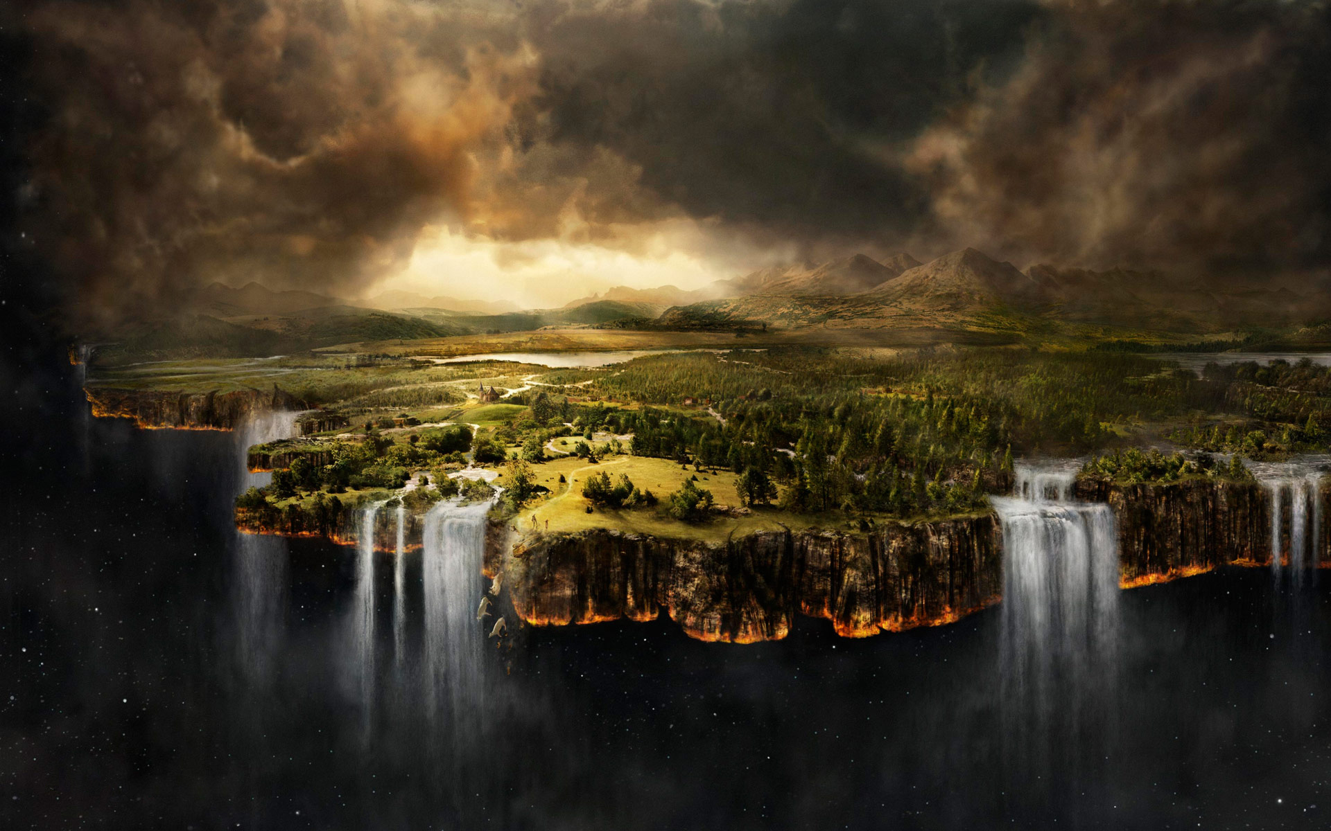 space, Clouds, Landscape, Waterfall, Matte Painting Wallpaper