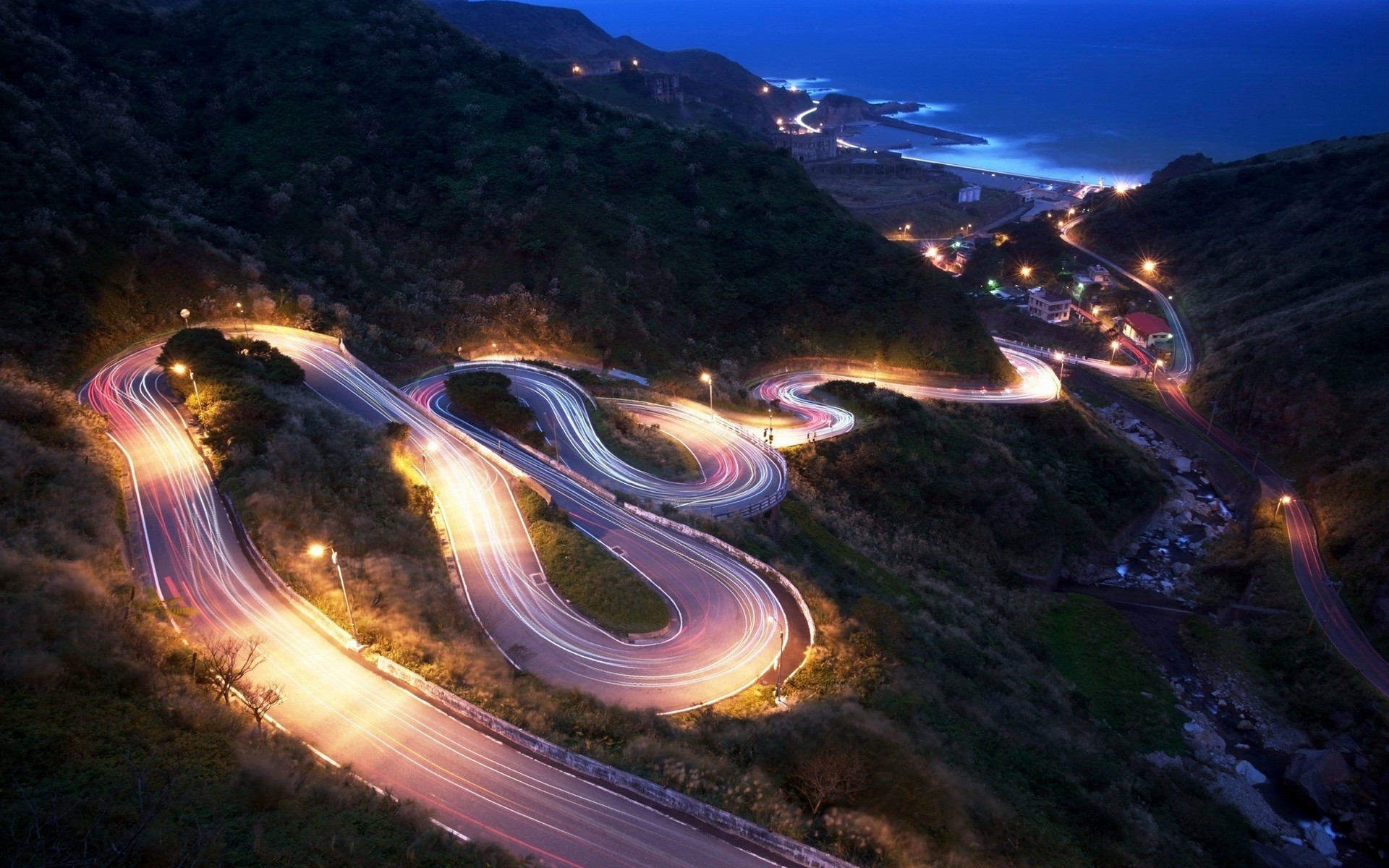 photography, Landscape, Road, Night, Long Exposure, Hairpin Turns Wallpaper