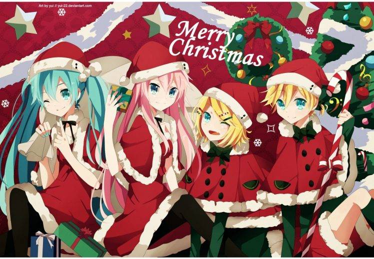 anime, Anime Girls, Vocaloid, Hatsune Miku, Christmas, Megurine Luka, Kagamine Len, Kagamine Rin HD Wallpaper Desktop Background