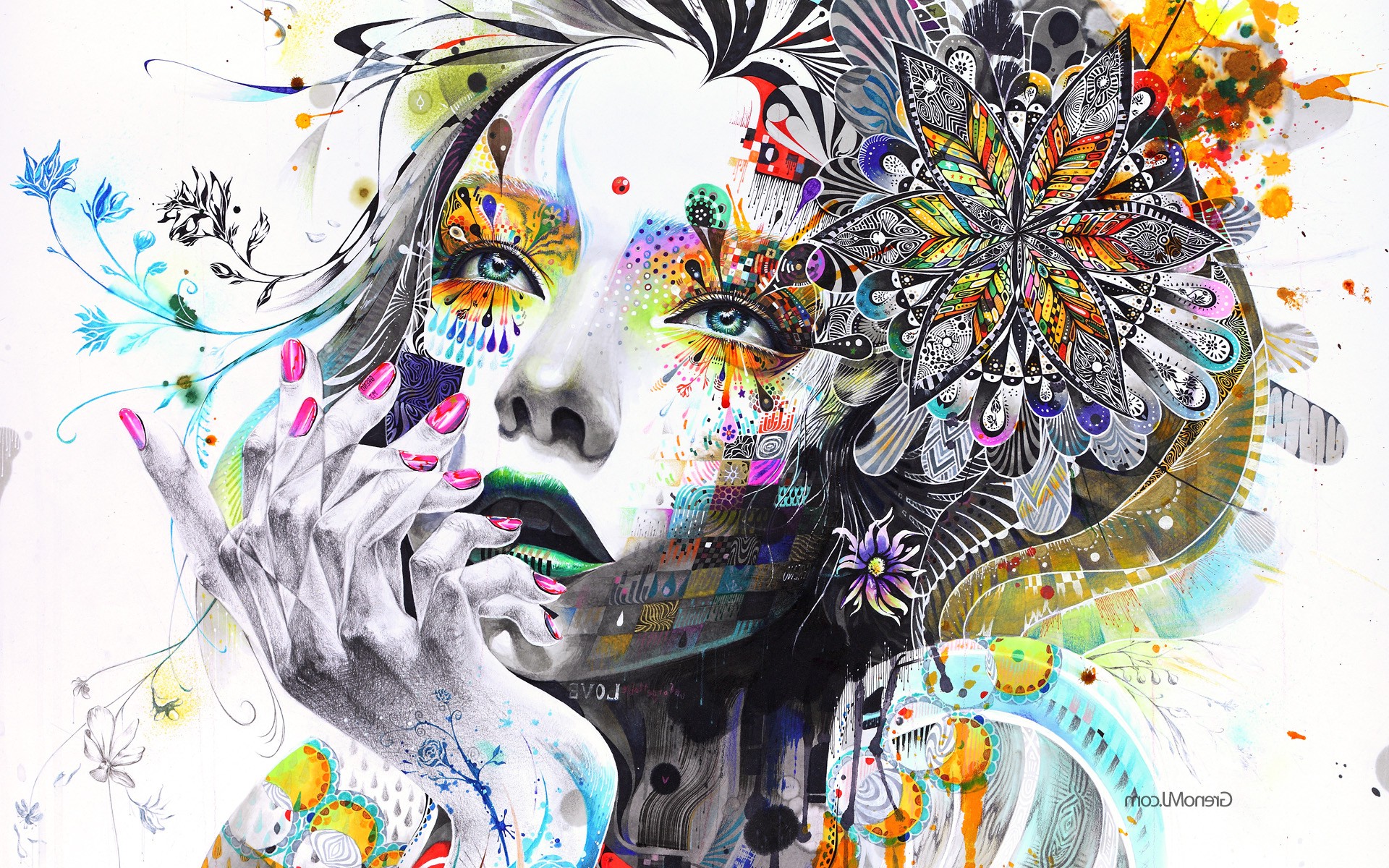 artwork, Hand, Face, Colorful, Women, Surreal, Mosaic, Painting, Anime, Paint Splatter, Minjae Lee Wallpaper