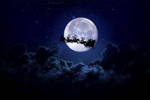 Christmas, Moon, Christmas Sleigh, Santa, Santa Claus, Reindeer, Clouds