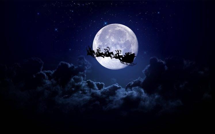 Christmas, Moon, Christmas Sleigh, Santa, Santa Claus, Reindeer, Clouds HD Wallpaper Desktop Background