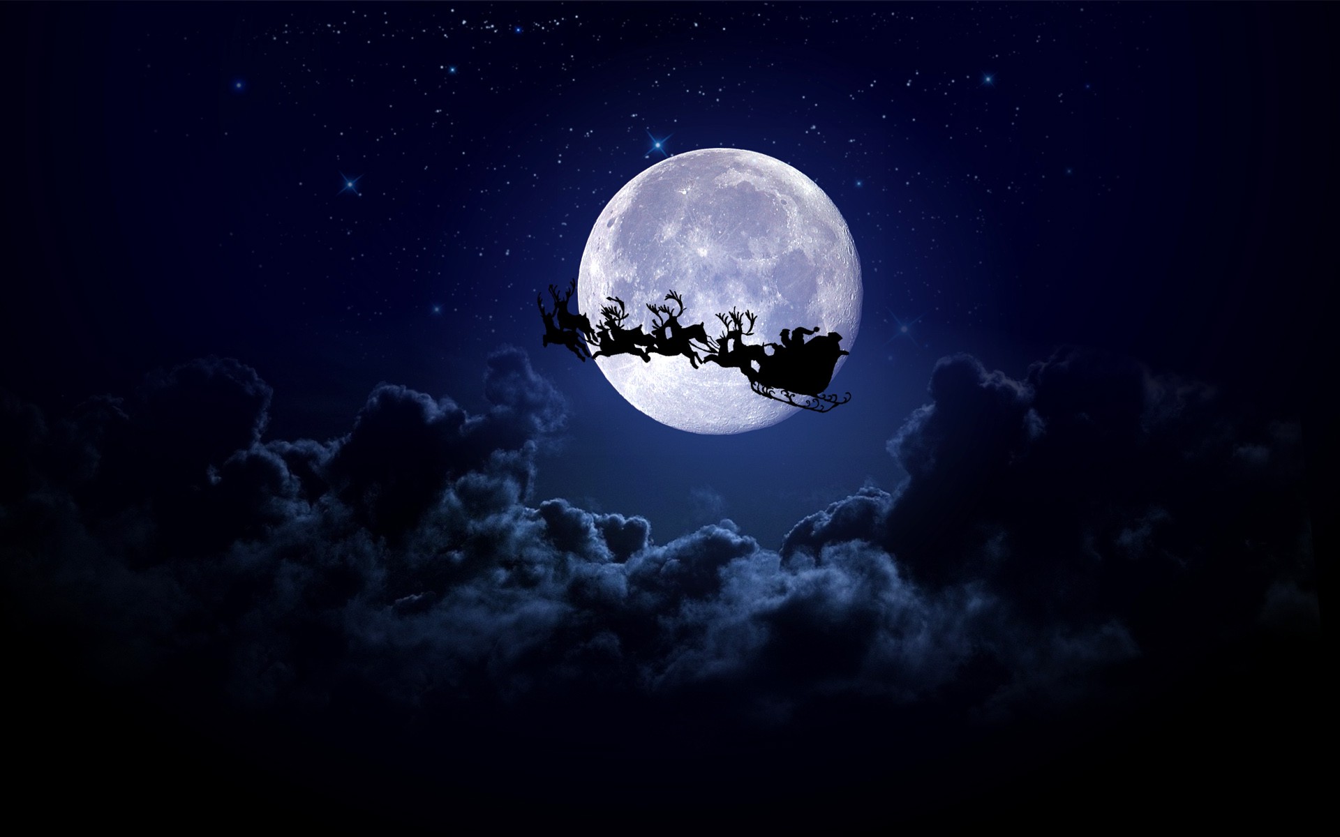 Christmas, Moon, Christmas Sleigh, Santa, Santa Claus, Reindeer, Clouds Wallpaper