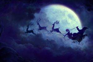 Christmas, Moon, Christmas Sleigh, Sleigh, Santa, Santa Claus, Reindeer, Clouds