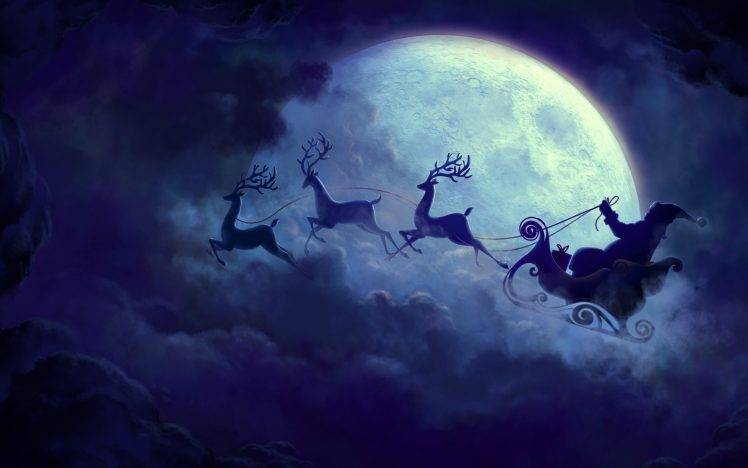 Christmas, Moon, Christmas Sleigh, Sleigh, Santa, Santa Claus, Reindeer, Clouds HD Wallpaper Desktop Background