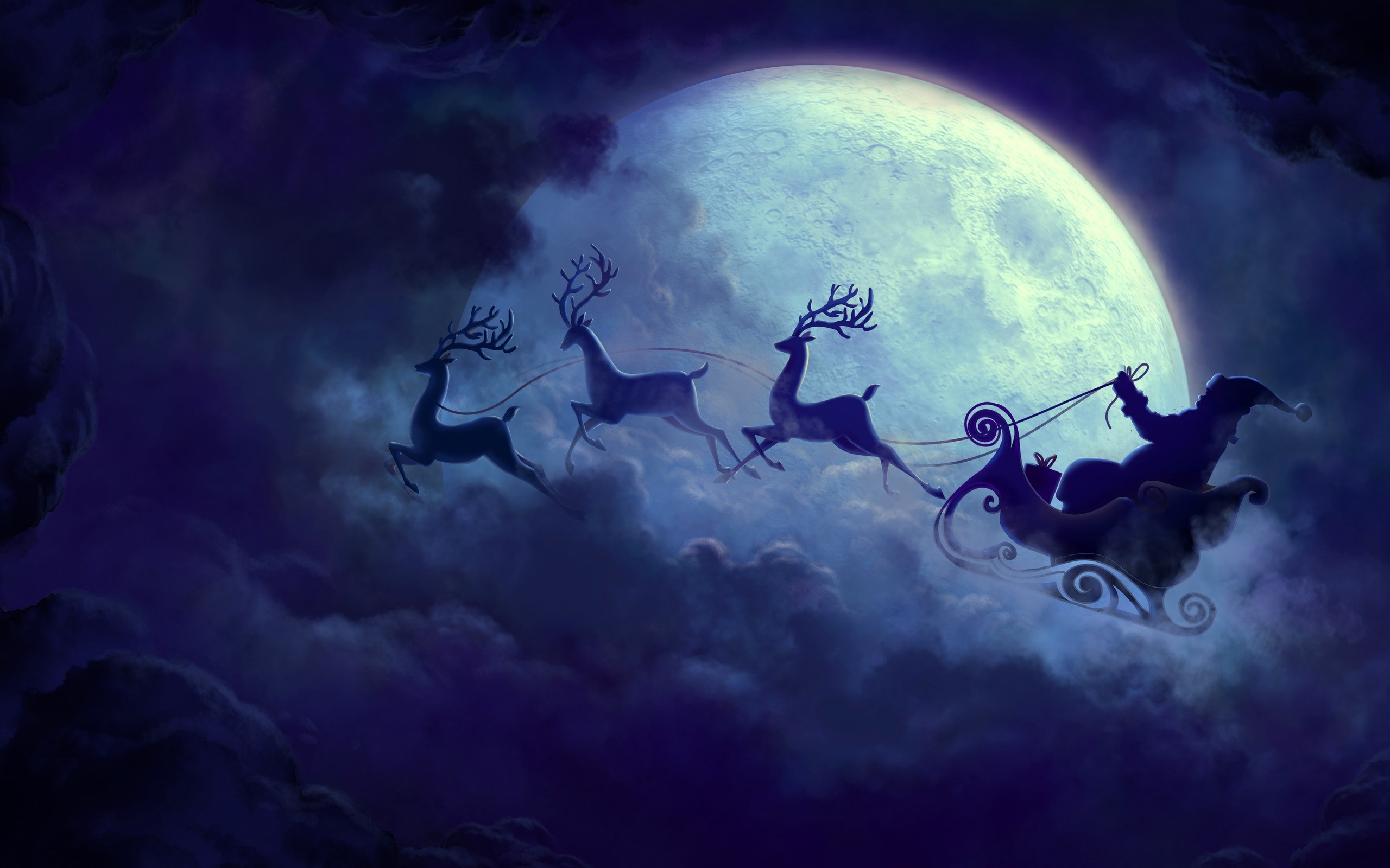 Christmas, Moon, Christmas Sleigh, Sleigh, Santa, Santa Claus, Reindeer, Clouds Wallpaper