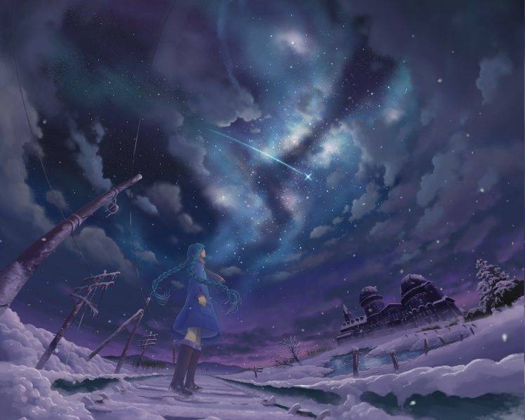 stars, Night, Snow, Shooting Stars, Winter, Anime Girls HD Wallpaper Desktop Background