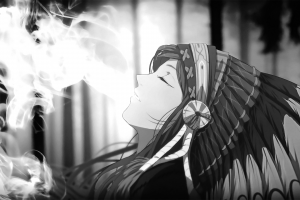 anime Girls, Smoke, Headdress, Monochrome, Anime, Closed Eyes, Native Americans